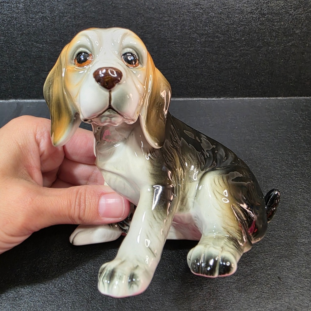 Beagle Puppy Figurine Dog Statue Small Tricolor Glossy Ceramic Pet Decor - Picture 2 of 9